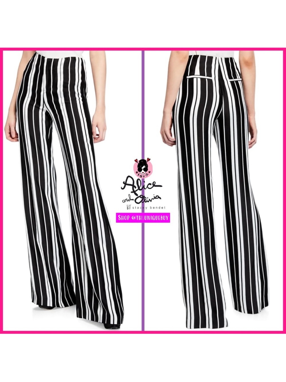 Alice + Olivia Black & White Vertical-Stripe Wide Leg Pants